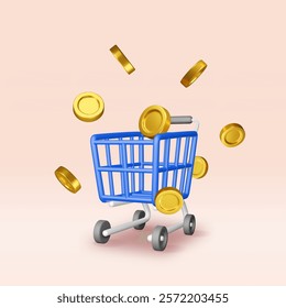 3d shopping cart and gold coins isolated. Render shopping trolley and golden coin. Promotion or cash back, sale, discount or clearance. Online or retail shopping. Vector illustration