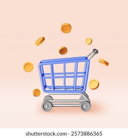 3d shopping cart and gold coins isolated. Render shopping trolley and golden coin. Promotion or cash back, sale, discount or clearance. Online or retail shopping. Vector illustration