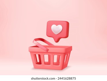 carrito de compras 3d y signo del corazón en la burbuja de discurso de notificación. Bolso de compras para la compra, venta, descuento, promoción. Procesamiento 3D. Ilustración de vector