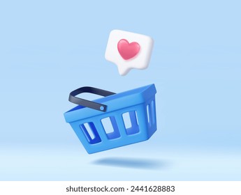 3d shopping cart and heart sign on notification speech bubble. Shopping bag for buy, sale, discount, promotion. 3D Rendering. Vector illustration