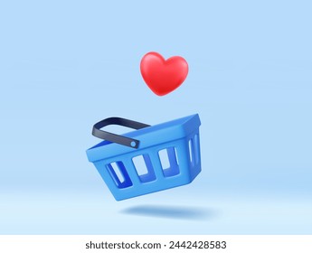 carrito de compras 3d y signo del corazón . Bolso de compras para la compra, venta, descuento, promoción. Procesamiento 3D. Ilustración de vector