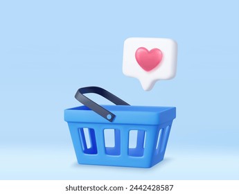 3d shopping cart and heart sign on notification speech bubble. Shopping bag for buy, sale, discount, promotion. 3D Rendering. Vector illustration