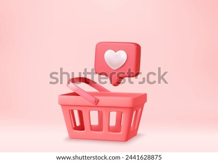 3d shopping cart and heart sign on notification speech bubble. Shopping bag for buy, sale, discount, promotion. 3D Rendering. Vector illustration