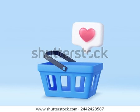 3d shopping cart and heart sign on notification speech bubble. Shopping bag for buy, sale, discount, promotion. 3D Rendering. Vector illustration