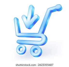 3d shopping cart icon with download arrow, Add product to cart symbol, Transparent blue glass design. for e-commerce, online shopping, digital store, and app interface. Vector illustration.