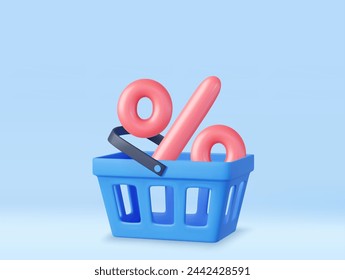 Carrito de compras 3d con porcentaje. Idea conceptual para redes sociales. Banner de venta. Compras en línea y concepto de supermercado. Bolso de compras para la compra, venta, descuento. Procesamiento 3D. Ilustración de vector