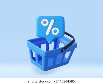 3d Shopping cart with percent. Conceptual idea for social networks. Sale banner. Online shopping and supermarket concept. Shopping bag for buy, sale, discount. 3D Rendering. Vector illustration