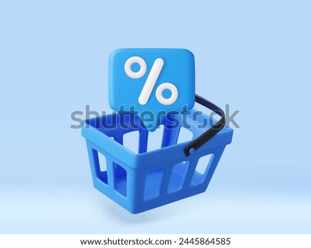 3d Shopping cart with percent. Conceptual idea for social networks. Sale banner. Online shopping and supermarket concept. Shopping bag for buy, sale, discount. 3D Rendering. Vector illustration