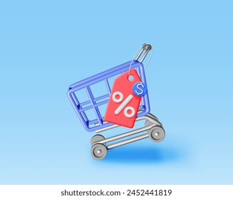 3d shopping cart and price tag with percentage symbol. Render realistic shopping basket and colorful discount voucher or coupon. Sale discount clearance. Online retail shopping. Vector illustration