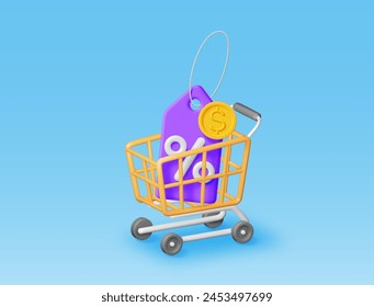 3d shopping cart and price tag with percentage symbol. Render realistic shopping basket and colorful discount voucher or coupon. Sale discount clearance. Online retail shopping. Vector illustration