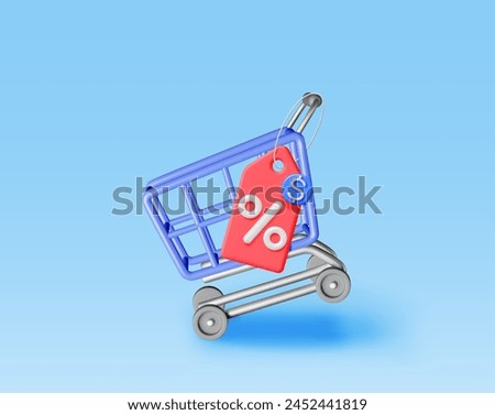 3d shopping cart and price tag with percentage symbol. Render realistic shopping basket and colorful discount voucher or coupon. Sale discount clearance. Online retail shopping. Vector illustration