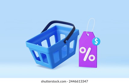 3D shopping cart with price tags for online shopping and digital marketing ideas. basket and promotional labels. 3D Rendering. Vector illustration