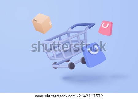 3D shopping cart with price tags for online shopping and digital marketing ideas. basket and promotional labels on purple background shopping bag buy sell discount 3d vector icon illustration