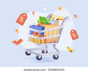 Carro de compras 3D con productos para compras en línea y marketing digital, gran venta. 3 d cesta de cestas carros con regalos y etiquetas de descuento, bolsa de compras compra venta descuento 3d vectorial ilustración de banner