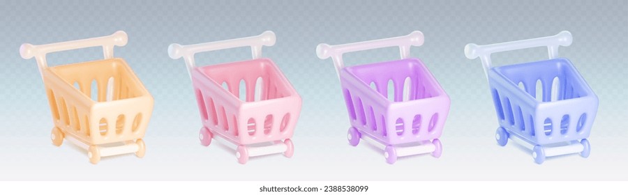 Camión de compras 3D para la compra de productos en supermercado. Cesta sobre ruedas en colores pastel para productos y productos. Tienda vectorial de dibujos animados o carrito de mercado con caja de plástico para compras minoristas o en línea.