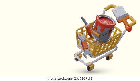 3D shopping cart with repair tools and paint. Online catalog, home delivery. Shop of construction tools and consumables. Advertising horizontal poster on yellow background