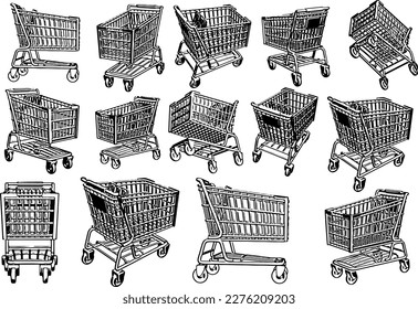 3d shopping cart silhouette set rendrent from every angle, shopping trolly 3d model silhouette view from different angles