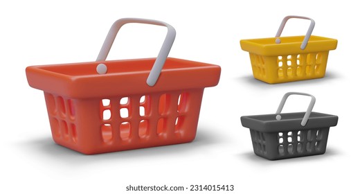 3D shopping carts of red, gray, yellow color. Realistic icons with shadows on white background. Shop equipment. Set of empty plastic baskets with holes