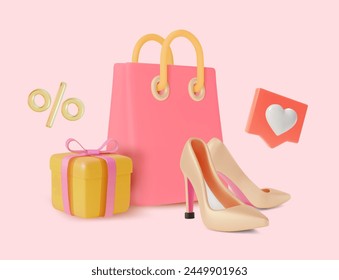 3d Shopping Clothing Concept Background Cartoon Design Style with Paper Bag, Gift Box and High Heels. Vector illustration