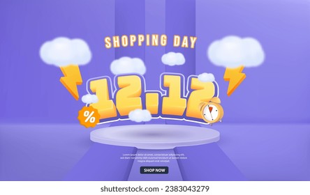 3D La venta flash del día de compras 12 12 podio elegante sobre fondo morado. Ilustración del vector