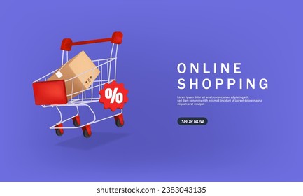 3D Shopping Day on smartphone with floating trolley of parcel boxes on purple background for delivery and online shopping concept.