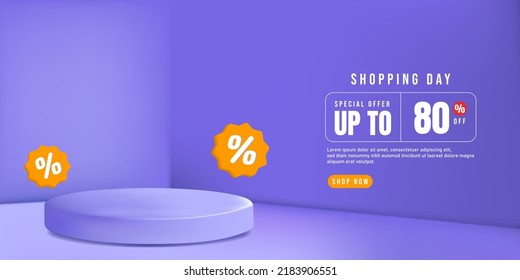 3D Shopping day Sale with podium on purple background. Sales banner template design for social media and website. Special Offer