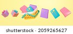 3D shopping elements set. 3d illustration of floating credit cards, shopping bags, gifts and a plastic shopping basket on yellow background
