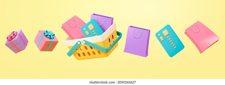 3D shopping elements set. 3d illustration of floating credit cards, shopping bags, gifts and a plastic shopping basket on yellow background - Shutterstock ID 2059265627