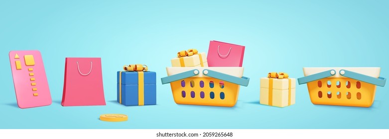 3D shopping elements set. Illustration of credit card, shopping bag, gifts and plastic shopping baskets lined up in a row on blue background