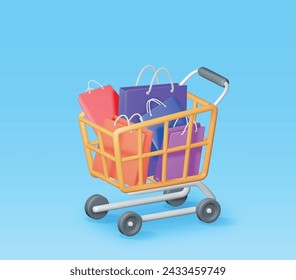 3D Shopping or Gift Bag in Shopping Cart Isolated. Render Collection Realistic Gift Bag. Sale, Discount or Clearance Concept. Online or Retail Shopping Symbol. Fashion Handbag. Vector Illustration