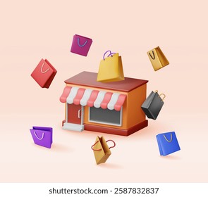 3D shopping or gift bag and supermarket building. Render retail shop with gift bag. Sale, discount or clearance concept. Online or retail shopping symbol. Fashion handbag. Vector illustration