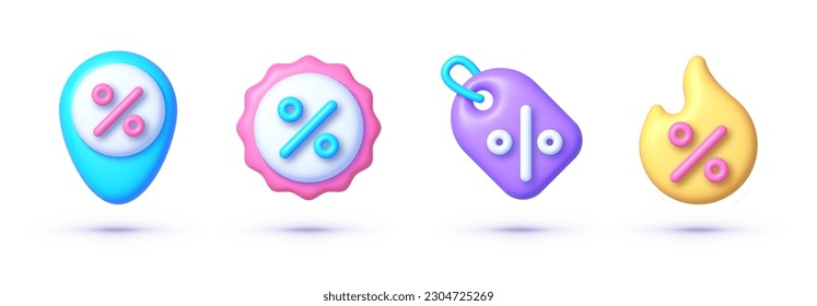 3D shopping icon set. Discount promotion. 3d business icon set. Vector icons