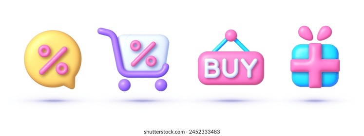 Conjunto de iconos de compras 3D. Promoción de descuento. Conjunto de iconos de negocios 3d. Iconos vectoriales