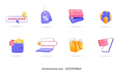 3d Juego de iconos de compras. Ilustraciones de moda de compras en línea, pago en línea, cartera digital, boletines, descuento, etc. Representar objetos vectoriales 3d