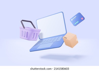 3D shopping online with laptop, product shipping packing, shopping bag or basket. Credit card protection with password secure for online payment concept. Notebook icon 3d vector render illustration
