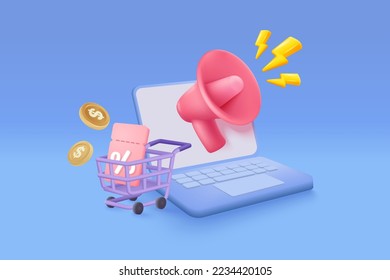 3D shopping online with laptop, product shipping packing, shopping bag or basket. Payment protection with password secure for online payment concept. Notebook icon 3d vector render illustration