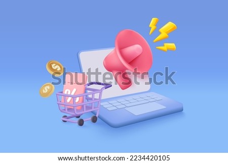 3D shopping online with laptop, product shipping packing, shopping bag or basket. Payment protection with password secure for online payment concept. Notebook icon 3d vector render illustration