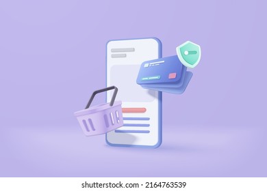 3D shopping online with mobile phone, product shipping packing, shopping bag. Credit card protection with password secure for online payment concept. Mobile phone icon 3d vector render illustration