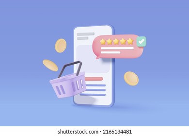 3D shopping online with mobile phone. Rating five stars for best excellent rating in mobile phone. 5 star for quality customer rating feedback concept. Mobile phone icon 3d vector render illustration