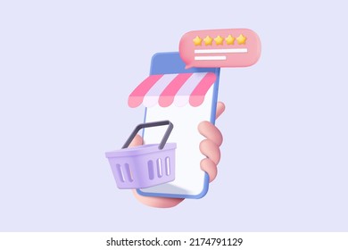 3D shopping online with mobile phone. Rating five stars for best excellent rating in mobile phone. 5 star for quality customer rating feedback concept. Mobile phone icon 3d vector render illustration