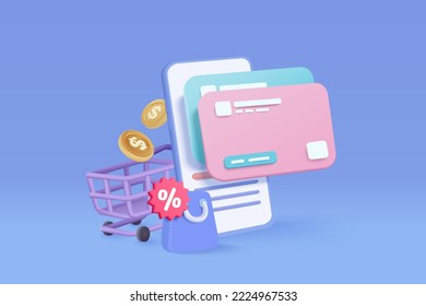 3D shopping online with mobile phone, product shipping packing, shopping bag. Credit card protection with password secure for online payment concept. Mobile phone icon 3d vector render illustration