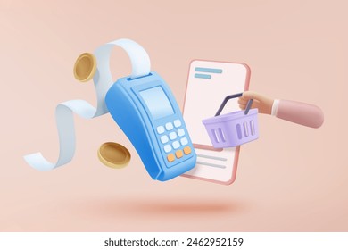 3D shopping online with mobile phone, product shipping packing, shopping bag. Credit card protection with password secure for online payment concept. Mobile phone icon 3d vector render illustration