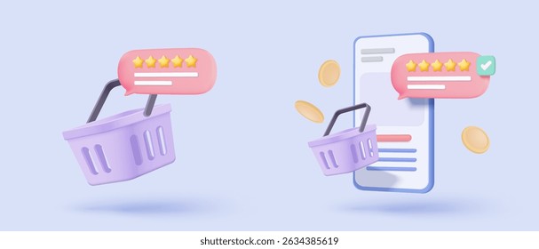 3D shopping online with mobile phone. Rating five stars for best excellent rating in mobile phone. 5 star for quality customer rating feedback concept. Mobile phone icon 3d vector render illustration