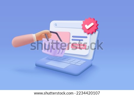 3D shopping online via laptop with check mark icon, shopping bag or basket. Check list button best choice, success, tick, accept concept. 3d notebook icon vector render illustration