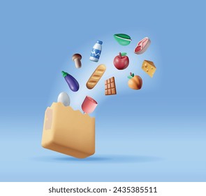 3D Shopping Paper Bag with Fresh Products. Render Grocery Store, Supermarket. Food and Drinks. Milk, Vegetables, Meat Chicken, Cheese, Sausage, Salad, Bread, Chocolate and Egg. Vector illustration