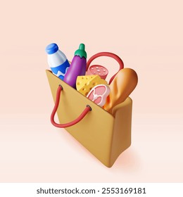 3D shopping paper bag with fresh products. Render grocery store, supermarket. Food and drinks. Milk, vegetables, meat, cheese, sausage, bread. Online order and food delivery. Vector illustration