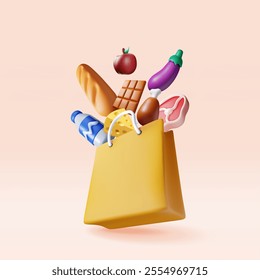 3D shopping paper bag with fresh products. Render grocery store, supermarket. Food and drinks. Milk, vegetables, meat, cheese, sausage, bread. Online order and food delivery. Vector illustration