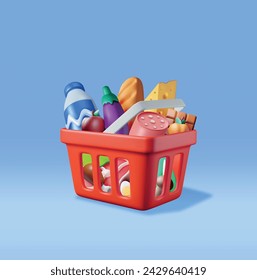 3D Shopping Plastic Basket with Fresh Products. Render Grocery Store, Supermarket. Food and Drinks. Milk, Vegetables, Meat Chicken, Cheese, Sausage, Salad, Bread Chocolate Egg. Vector illustration