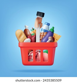 3D Shopping Plastic Basket with Fresh Products. Render Grocery Store, Supermarket. Food and Drinks. Milk, Vegetables, Meat Chicken, Cheese, Sausage, Salad, Bread Chocolate Egg. Vector illustration