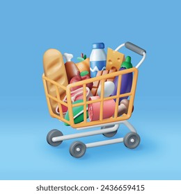 3D Shopping Plastic Basket with Fresh Products. Render Grocery Store, Supermarket. Food and Drinks. Milk, Vegetables, Meat Chicken, Cheese, Sausage, Salad, Bread Chocolate Egg. Vector illustration